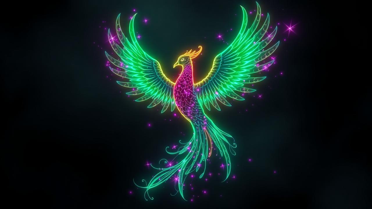 Neonkleurige Lucky Anon phoenix die symbool staat voor geluk en herrijzen