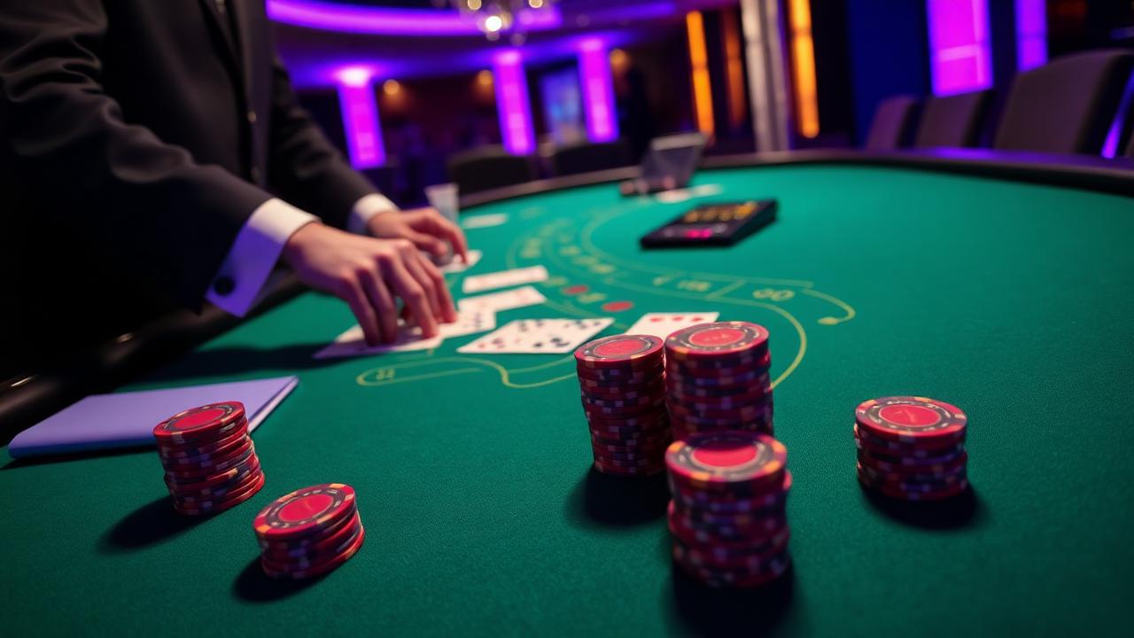 Live blackjack tafel met dealer, kaarten en stapels chips in violet ambient licht