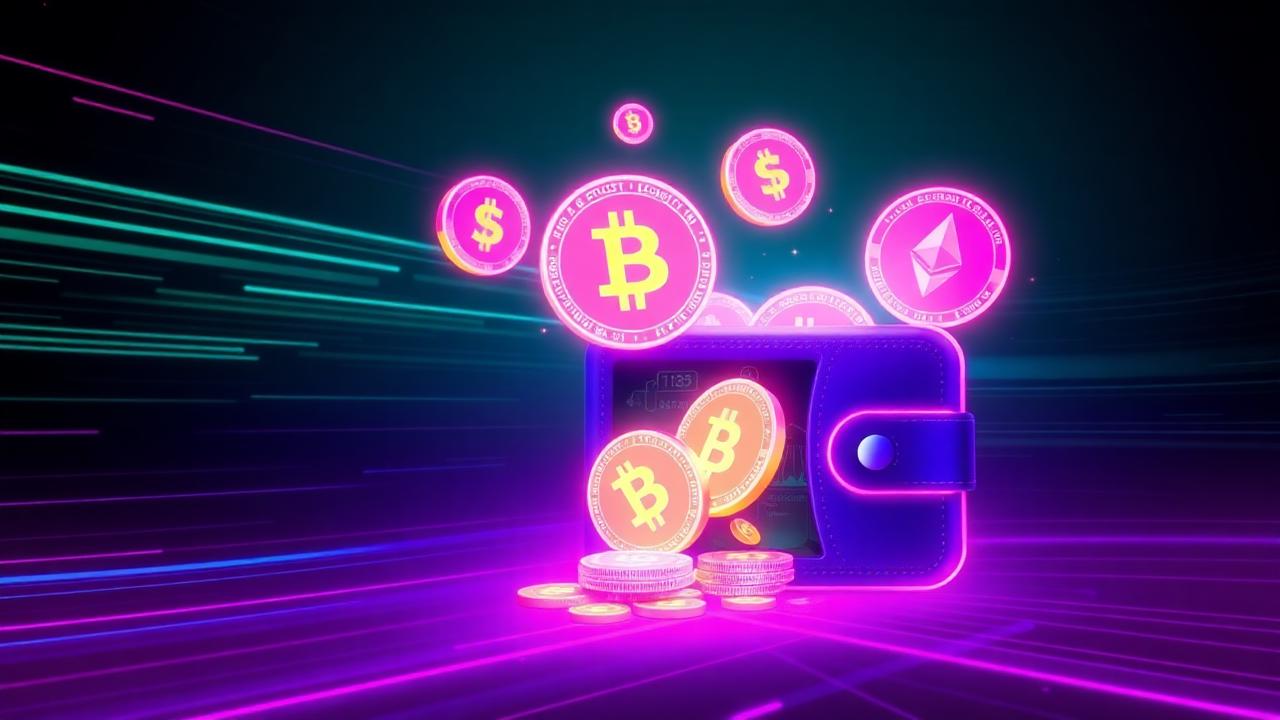 Crypto wallet met Bitcoin en Ethereum munten in beweging, futuristisch ontwerp