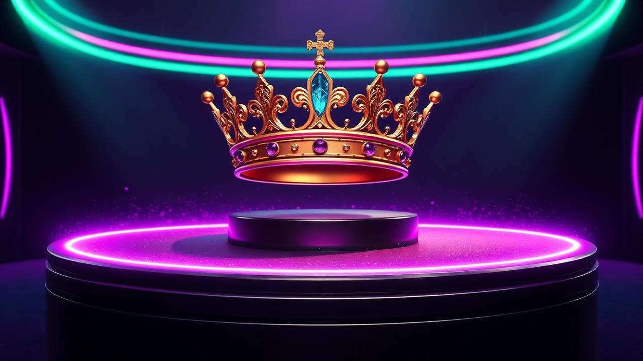 Gouden kroon op een neonpodium, het symbool van het Lucky Anon VIP programma